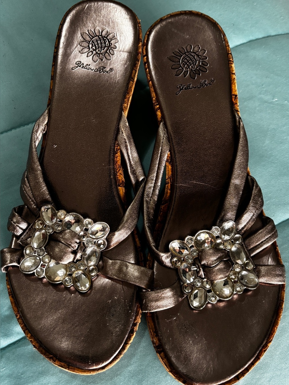 Yellow Box Rhinestone Embellished Metallic Cork Platform Wedge Sandals Sz 7